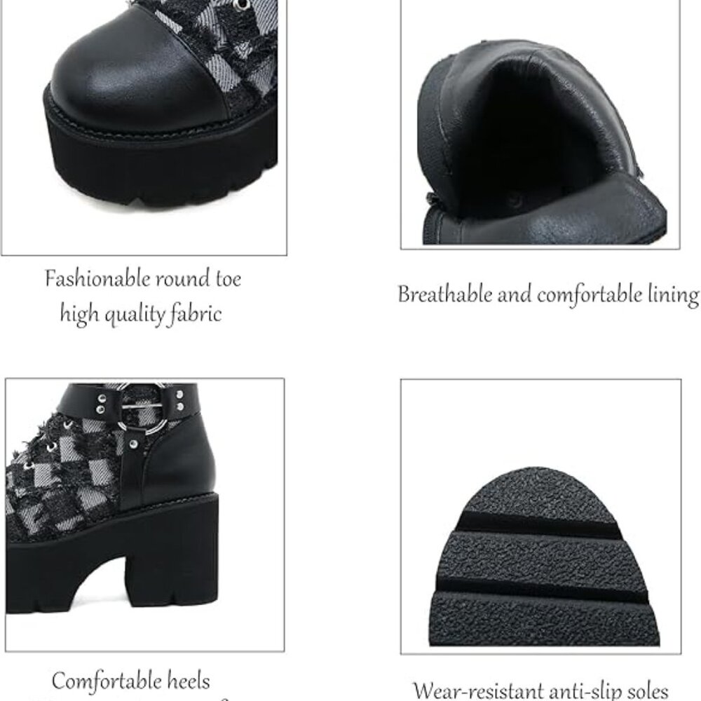 NEW! Women's Denim Leather Splice Chunky Heel Goth Ankle Boots With Side Zipper - Picture 4 of 5
